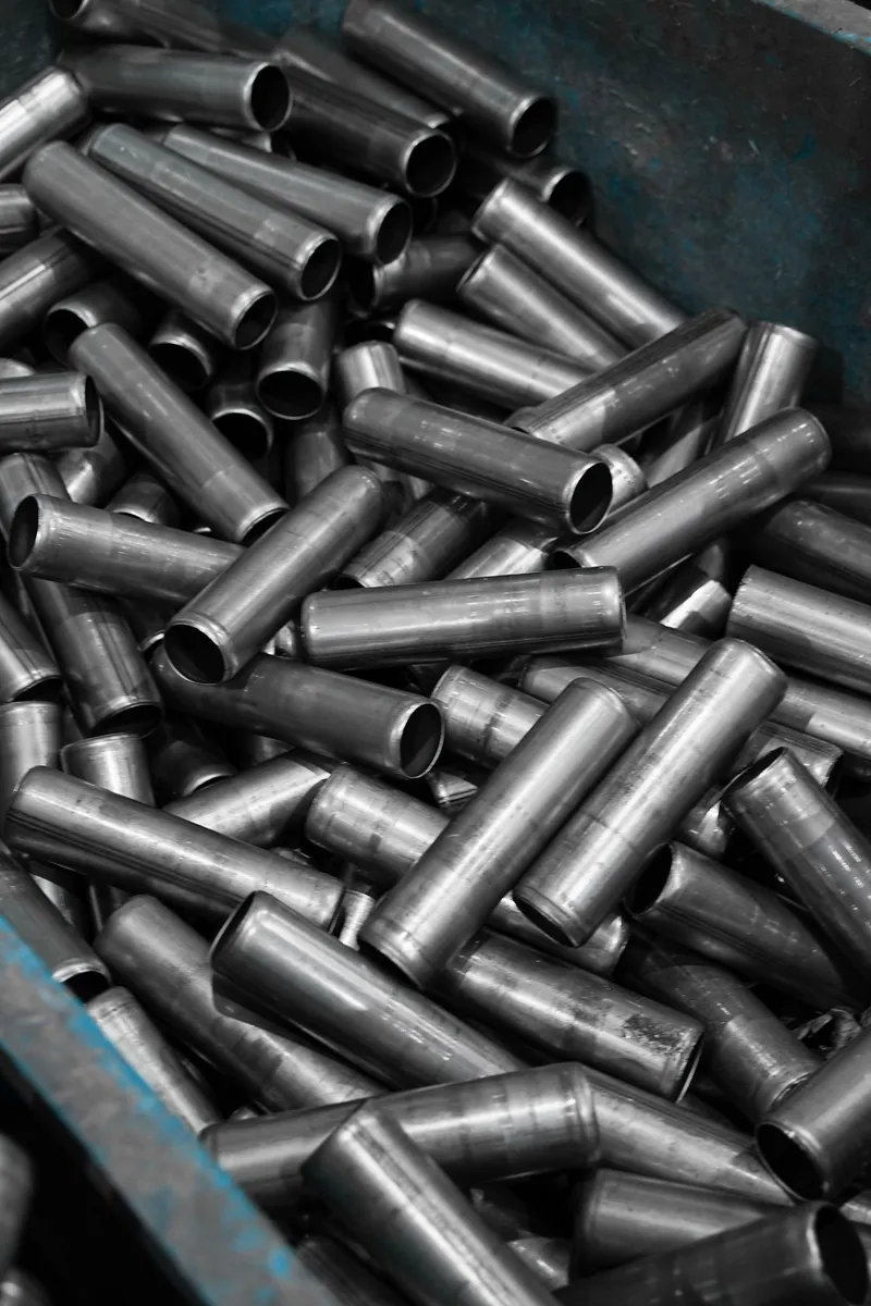 Recortes de tubo de acero inoxidable apilados en contenedor industrial